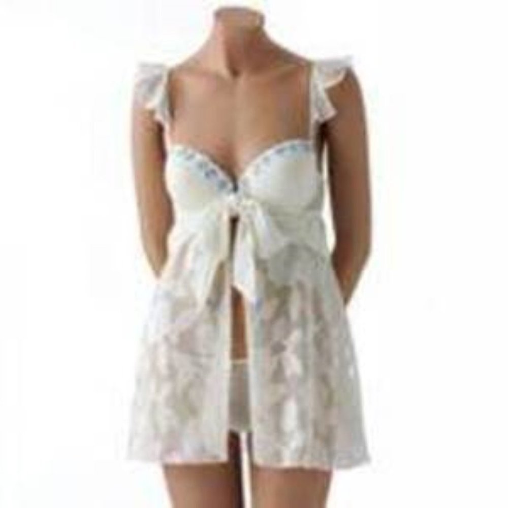 Inner Secrets Sexy Chemise & Thong Womens M Babydoll Ivory Floral Jacquard Set